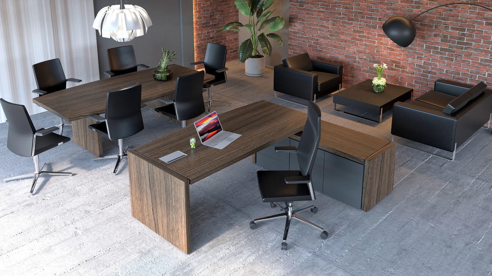 Otwarta przestrzeń gabinetowa z wydzieloną strefą do pracy, rozmów i odpoczynku. Wyposażona w biurko, stół, sofy i fotele.